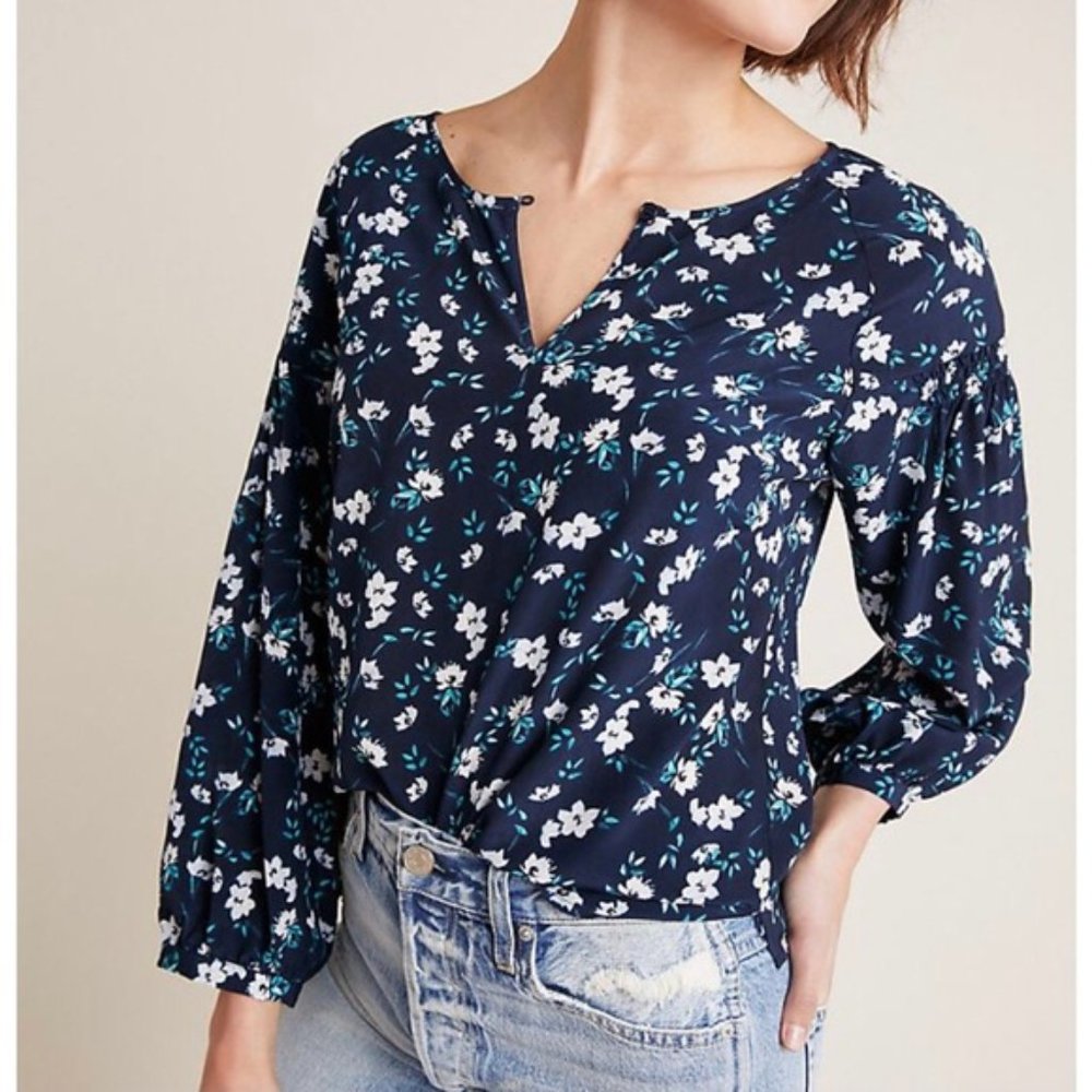 Anthropologie Yumi Kim Blue Floral Lobelia Silk Blouse, Size XXS